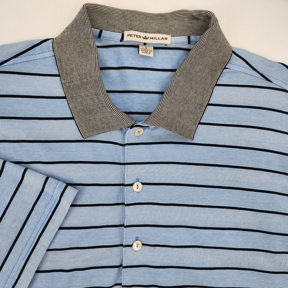 Peter Millar Mens Performance Golf Polo Size L Blue Black Striped Cotton Preppy